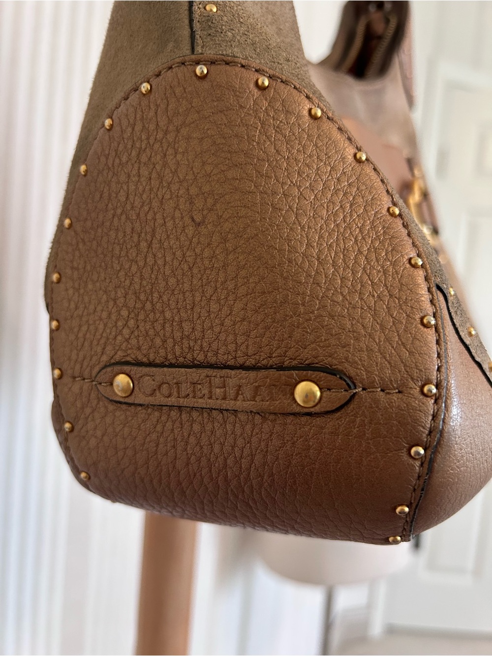 COLE HAAN STEPHANIE SUEDE bronze studded leather horsebit hobo equastrian bag - Picture 10 of 11